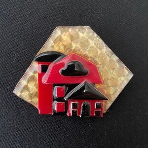 Vintage House Pins by Lucinda Brooch Barn Silo Red Black Gold Farm Pin Maine
